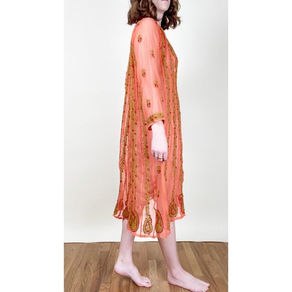 Vintage Embroidered Swimsuit Cover Up Midi Dress Sheer Coverup Beach Boho Light - Picture 2 of 6